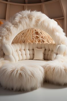 an unusual couch made out of fur and pillows