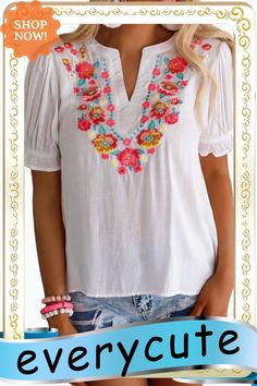 White Floral Embroidered Ruffled Puff Sleeve Blouse Summer Embroidered V-neck Peasant Top, White Puff Sleeve Top With Floral Embroidery, Vacation Blouse With Ruffles And Puff Sleeves, White Short Sleeve Embroidered Spring Top, White Short Sleeve Embroidered Top For Spring, White Embroidered Short Sleeve Top For Spring, White Embroidered Top With Short Sleeves For Spring, Feminine Embroidered Short Sleeve Top, White Puff Sleeve Blouse With Floral Embroidery