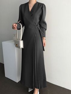 Wrap V-neck Solid Pleated Long Sleeve Casual Maxi Dress Elegant V-neck Maxi Dress For Office, Elegant V-neck Dress With Surplice Neckline For Fall, Pleated V-neck Maxi Dress For Brunch, V-neck Pleated Maxi Dress For Brunch, Formal Pleated V-neck Dress, Solid V-neck Midi Dress For Office, Fall V-neck Midi Dress For Office, Solid Color V-neck Midi Dress For Office, Elegant Long Sleeve V-neck Dress For Brunch