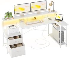 a computer desk with two monitors and a printer on top of it, in front of a white background