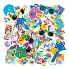 a pile of assorted children's sunglasses and other items on a white background