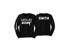 Glitter Martial Arts Mom Shirt  | Martial Arts Shirts | Karate Shirt | Customize | Martial Arts Mom Shirts by GavinsAllye on Etsy Black Long Sleeve Shirt With Text Print, Black Long Sleeve Shirt With Name Print, Spring Long Sleeve Shirt With Text Print, Fitted Long Sleeve Top With Name Print, Long Sleeve Shirt With Text Print And Relaxed Fit, Long Sleeve Name Print Tops For Fall, Long Sleeve Tops With Name Print For Fall, Casual Long Sleeve Shirt With Name Print, Karate Shirts