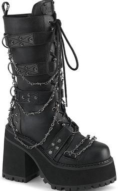 The ultimate biker boots! Covered in barbed wire chain decals and flanked with studs, these boots are a step up on yer regular punk kicks! Black PU Vegan 4 3/4 inch heel 2 1/4 inch platform Metal Cone Studded Hook-N-Loop Straps W/ Bull Ring Centers and Clip-On Hanging Barbed Wire Chain, D-Ring Details & Barbed Wire Chain Across the Toe, Inside Metal Zip Closure Mid Calf High Boots U.S women's sizing-refer to size chart for more info - these run smaller than the Shaker series if in doubt size up. Strap Platform Boots, Goth Camping Outfit, Goth Boots Men, Goth Boots Aesthetic, Alt Boots, Alternative Boots, Botas Goth, Emo Shoes, Emo Boots