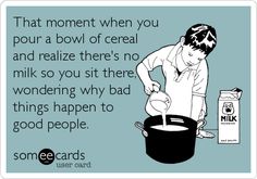 a man pouring milk into a pot with the caption that reads, that moment when you pour a bowl of cereal and realizing