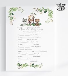 the woodland baby shower game is shown on a white background with greenery around it