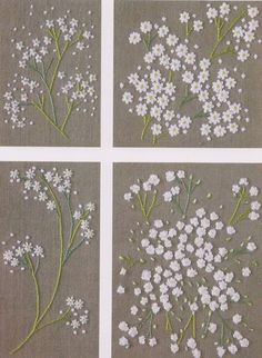 four different pictures of white flowers on grey linen with green stems and small white flowers