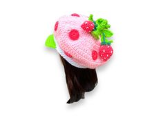 A Crochet Strawberry Shortcake Newsboy Hat with Visor.  This fashion hat will keep you warm season after season or at the very least makes a great hair accessory on bad hair days. This fanny hat is crochet in an acrylic yarn. The light and lofty yarn creates lots of texture without any added bulk or weight. Great for a costume party, a school crazy hat day, Halloween and other Holyday. Fits teen to adult women. * Soft Acrylic Yarn * A lot of different colors on your choice * Decorated with croch Strawberries Halloween, Crochet Strawberry Shortcake, Strawberry Photo, Accesorios Aesthetic, Crazy Hat, Halloween Costume Props, Crazy Hat Day, Crochet Strawberry, Hat Day