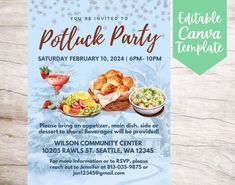 a flyer for a potluck party with food and drinks on the table next to it