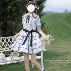 白縹のお嬢様のティアードワンピース White Lady, Alice Blue, One To One, Lady L, Uniform Fashion, Ribbon Tie, One Piece Dress, Gothic Lolita, Tiered Skirt