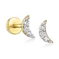 Ross-Simons - Diamond-Accented Moon Stud Earrings in 14kt Yellow Gold. RS Pure. Modern designs that complete your outfit and complement your personality. Bright with diamond accents, our dainty moon stud earrings embody comfort-first fashion. Crafted in 14kt yellow gold, this simple pushpin style features a flat back that won't poke or jab while you're taking a quick nap or getting a full night of beauty sleep. Insert the backing first into a pierced ear, then slide the front post inside to secu Elegant Yellow Gold Moon Earrings, Gold Plated Yellow Gold Earrings With Moon Charm, Moon Shaped Yellow Gold Plated Earrings, Dainty Yellow Gold Moon Earrings, Moon-shaped Yellow Gold Plated Earrings, Gold Moon-shaped Nickel-free Earrings, Moon Studs, Buying Diamonds, Ear Piercings