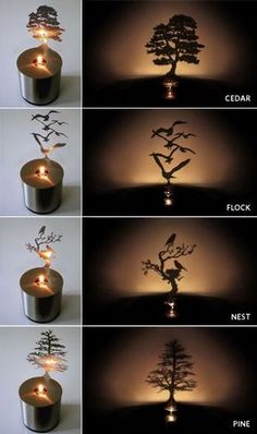 four images show different stages of lighting in the shape of a tree and birds flying around it