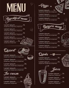 a blackboard menu with different types of desserts and drinks on it's side