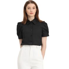 Elevate your office attire with the Allegra K Women's Puff Short Sleeve Button Down Shirt. This chic top features a sophisticated turn-down collar and a full placket that exudes professionalism.

- Material: Soft, lightweight cotton fabric
- Color: Classic Black
- Size: Small
- Gender: Female
- Features: Puff short sleeves for a touch of femininity

Perfect for a seamless transition from desk to dinner, this shirt pairs effortlessly with everything from tailored work pants to casual jeans, ensur Puff Sleeve Shirt With Button Closure For Work, Office Shirt With Puff Sleeves And Button Closure, Solid Color Shirt With Puff Sleeves And Buttons, Classic Puff Sleeve Shirt With Button Closure, Workwear Puff Sleeve Padded Blouse, Puff Sleeve Shirt For Work, Puff Sleeve Padded Blouse For Work, Puff Sleeve Blouse With Button Closure For Work, Short Sleeve Office Shirt With Button Closure