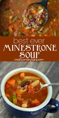 the best ever minestone soup in a blue bowl with a ladle full of soup