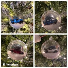 four pictures of different ornaments hanging from a christmas tree, each with a toy car in it