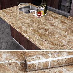 two pictures of a kitchen counter top with marble