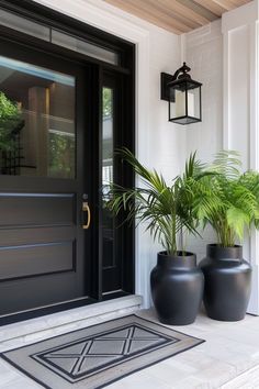 two large black vases sitting on the front porch next to a door with plants in them