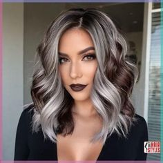 Ash Purple Balayage Gray Hair, Gray Root Balayage, Brunette Balayage Grey Blending, Grey And Dark Hair Color, Hair Color Ideas With Grey, Reverse Ombre Grey Hair, Grey To Blonde Balayage, Fall Hair To Cover Gray, Short Dark Hair With Platinum Highlights