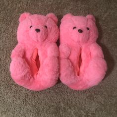 New Never Worn Pink Teddy Bear Slippers One Size Fits Most Pink Fluffy Bunny Slippers, Fluffy Teddy Bear Shoes, Teady Bear Slippers, Pink Teddy Bear Slippers, Teddy Bear Slippers, Bear Slippers, Pink Teddy Bear, Pink Teddy, Wear Pink