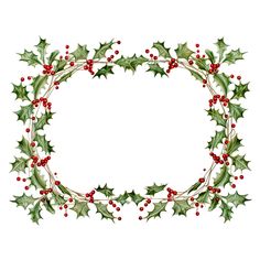 a holly wreath with red berries and green leaves on white background, watercolor illustration