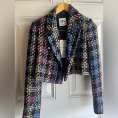 Zara Multicoloured Blazer Size Small Nwt Winter Workwear Multicolor Blazer, Winter Multicolor Blazer For Workwear, Trendy Multicolor Fall Blazer, Multicolor Blazer For Winter Workwear, Trendy Multicolor Blazer For Fall, Multicolor Blazer For Workwear In Winter, Trendy Multicolor Winter Blazer, Zara Multicolor Long Sleeve Outerwear, Zara Fitted Cropped Winter Jacket