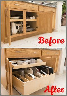 before and after photos of kitchen cabinets with open drawers