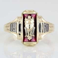 This Vintage Class Ring Is Made Of 10 Karat Yellow Gold And Is A Class Ring From Wendall Phillips High School For The Year 1961. The School's Crest Is Set On The Front, With A Synthetic Red Stone Being Used As A Backdrop For It. Wendall Phillips High Is Located In The Bronzeville Neighborhood Of Chicago, Il. Produced By Jostens And Has "Josten's 10k" Stamped Onto The Inner Part Of The Band. This Ring Can Be Resized By Any Qualified Jeweler. Size: 7.25 Metal: 10 Karat Yellow Gold Weight: 2.65 Dwt / 4.13 Grams Stones: Synthetic Red Gemstone 831082-1* E-1085 Gold Class, Graduation Rings, Red Gemstones, Red Stone, A Class, Chicago Il, Womens Jewelry Rings, Red Gold, Class Ring