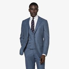 An elevated style that's perfect for your next formal event, this mid-blue three-piece Havana suit is tailored slim and come paired with a matching double-breasted waistcoat. Timeless Blue Suit For Office, Tailored Timeless Blue Suit, Timeless Tailored Blue Suit, Timeless Blue Business Suit, Timeless Blue Office Suits, Timeless Blue Suits, Blue Wool Three-piece Suit With Notch Lapel, Timeless Fitted Blue Blazer, Luxury Custom Fit Blue Blazer