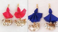 three pairs of earrings with different colored tassels and gold accents on them, one is red, the other blue