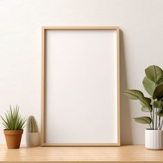 a wooden frame sitting on top of a table next to a potted green plant