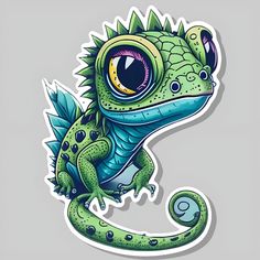 a sticker with an image of a green lizard on it's head and eyes