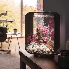 an aquarium with rocks and corals in it sits on a table next to a couch