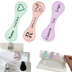 three different types of bookmarks with words on them and one has an open book