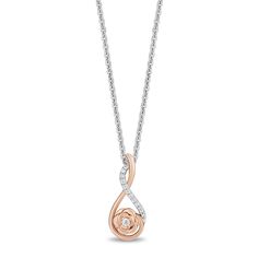 Discover the allure of the Belle rose drop infinity pendant, where elegance meets timeless artistry. Crafted from sterling silver and 10K rose gold, this exquisite piece captivates with its graceful design. Thirteen round brilliant full cut diamonds dance in the light, infusing every moment with sparkle. Whether it's elevating your daily ensemble or accentuating a special occasion, this pendant embodies eternal beauty—a true testament to the cherished Princess. Our Enchanted Disney fine jewelry collection is charming, romantic and full of whimsy. Helzberg and Disney invite anyone to embrace their inner princess or celebrate a fairytale love story. | Belle Rose Diamond Accent Infinity Pendant Necklace | Sterling Silver & 10K Rose Gold | White | Size 18" | Enchanted Disney Enchanted Disney, 2 Carat Engagement Ring, Enchanted Disney Fine Jewelry, Rose Diamond, Eternal Beauty, Custom Wedding Band, Belle Rose, Infinity Pendant, Rose Gold White