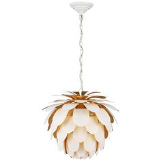 a white and gold chandelier hanging from a ceiling fixture with pineapples on it