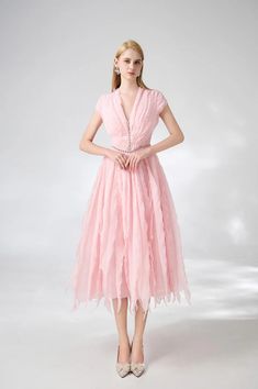 Calhoun Fit and Flare V-Neck Organza Midi Dress | MEAN BLVD Feminine Evening Chiffon Dress With V-neck, Elegant Spring V-neck Chiffon Dress, Chiffon V-neck Cocktail Dress, Chic Flowy V-neck Evening Dress, Pink V-neck Midi Dress For Wedding Guest, V-neck Chiffon Midi Dress For Cocktail, Long V-neck Dress For Summer Formal Events, Elegant Flowy V-neck Dress, Chiffon V-neck Dress For Wedding Guest