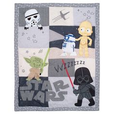 a star wars themed blanket with cartoon characters on it