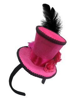 "Looking for the funky flare to go with your costume or outfit? This Mini Pink Flamingo Top Hat is perfect for all the events! Features a pink mini top hat with black trim, feathers, pink flowers, and an adorable Pink Flamingo all on top of a headband. Add the finishing touches to any Kentucky Derby Outfit or spice up any 1920s costume. One size fits most adults and some kids. Perfect for Halloween, Steampunk, Wedding, Pirate, Cosplay and more! Top Hat is stands approximately 4\" tall, 5\" wide, Fun Party Headband Costume Accessories, Fun Party Costume Accessories: Headband, Fun Party Costume Accessories Headband, Fun Headband Costume Accessories For Party, Carnival Novelty Fascinator For Costume Party, Adjustable Mini Hats For Carnival Costume Party, Adjustable Mini Hats For Costume Party At Carnival, Adjustable Fun Mini Hats For Costume Party, Pink Fun Costume Hats And Headpieces For Party