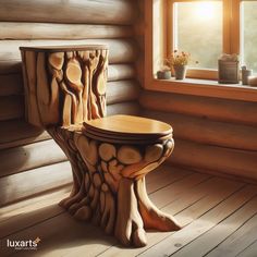 a wooden toilet sitting next to a window in a log cabin with potted plants on the windowsill