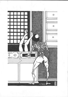 an old black and white drawing of a man in front of a mirror with another person standing next to him