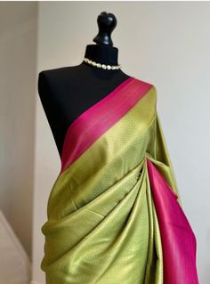 Pink and green softy silk saree with a copper border and all over sheen. The perfect saree for parties and all traditional events. Versatile saree that can be styled with other blouses or same colour as saree. Message us for personalised bridesmaid saree quotes.   Blouse: unstitched, pink colour as saree  #greensaree #coppersaree #pinkandgreensaree #pinkandred #silksareelook #softsilksaree #sareetrends #kuberapattu Green Pre-draped Saree With Zari Weaving For Diwali, Green Paithani Silk Pre-draped Saree With Self Design, Green Raw Silk Pre-draped Saree With Self Design, Green Tussar Silk Pre-draped Saree With Dupatta, Festive Green Paithani Silk Pre-draped Saree, Elegant Green Saree With Cutdana, Green Pre-draped Saree With Zari Work In Katan Silk, Elegant Green Handloom Pre-draped Saree, Elegant Green Banarasi Silk Blouse Piece