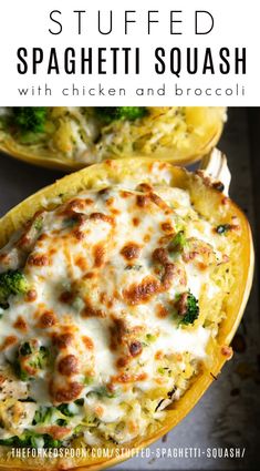 stuffed spaghetti squash with chicken and broccoli is an easy dinner that's ready in under 30 minutes