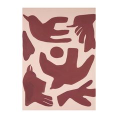 a piece of art with hands and birds on it in brown, pink, and white colors