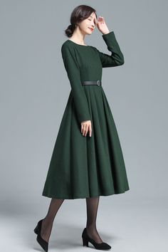 Boat Neck Wool Midi Dress 3129 – XiaoLizi Winter Wool Dress, Midi Dress Long Sleeve, Sleeves Details, Fall Winter Dresses, Winter Party Dress, Full Dress, Dress A Line, Winter Party, Vintage Inspired Dresses