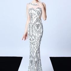 Silver Tight Floral Sequin Long Evening Dress (Stunning) Silver Sleeveless Evening Dress, Silver Sleeveless Evening Dress For Banquet, Sleeveless Silver Evening Dress For Banquet, Silver Sleeveless Dress For Banquet, Silver Evening Dress For Prom Season Party, Silver Fitted Evening Dress For Banquet, Silver Glamorous Maxi Dress For Prom Season, Silver Sleeveless Party Gown, Silver Elegant Maxi Dress For Party