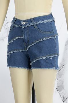 Blue Casual Solid Patchwork Mid Waist Skinny Denim Shorts Casual Medium Wash Patchwork Shorts, High Waist Patchwork Shorts For Summer, Summer High Waist Patchwork Shorts, Denim Blue Patchwork Shorts For Spring, Spring Denim Blue Patchwork Shorts, Spring Patchwork Denim Blue Shorts, Short Denim Blue Patchwork Bottoms, Patchwork Cutoff Bottoms For Summer, Trendy Patchwork Shorts For Spring