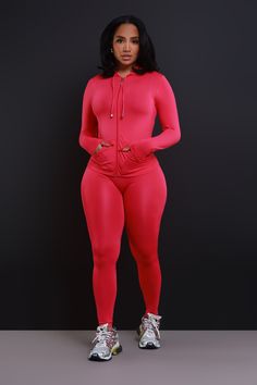 94% Polyester, 6% Spandex | Inseam: 26" Pre-Stretch | Model Wearing A Size L/XL | Runs True To Size You're just out here vibing as always, so kick back with this stylish set featuring a long sleeve zippered jacket with attached hood and front pockets at the waist and matching high-rise seamless leggings. Casual Stretch Workout Sets, Moisture-wicking Stretch Athleisure Set, Casual Stretch Moisture-wicking Sets, Casual Moisture-wicking Stretch Sets, Pink Fitted Athleisure Tracksuit, Trendy Stretchable Tracksuit For Sports, Red Fitted Tracksuit For Athleisure, Red Fitted Tracksuit Athleisure, Red Fitted Athleisure Tracksuit