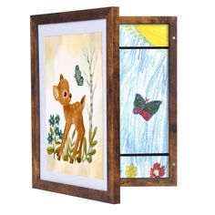 two framed pictures with animals and butterflies on them, one is painted in blue and the other is brown