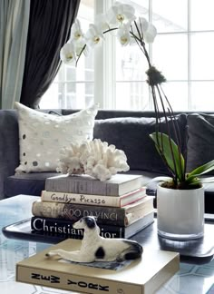 the living room is decorated in white and black with lots of books on the coffee table