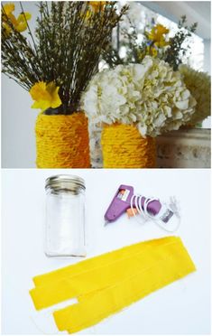 flowers in mason jars, scissors and glue